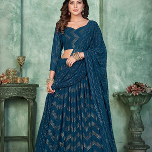 Foil Printed Georgette Lehenga in Navy Blue