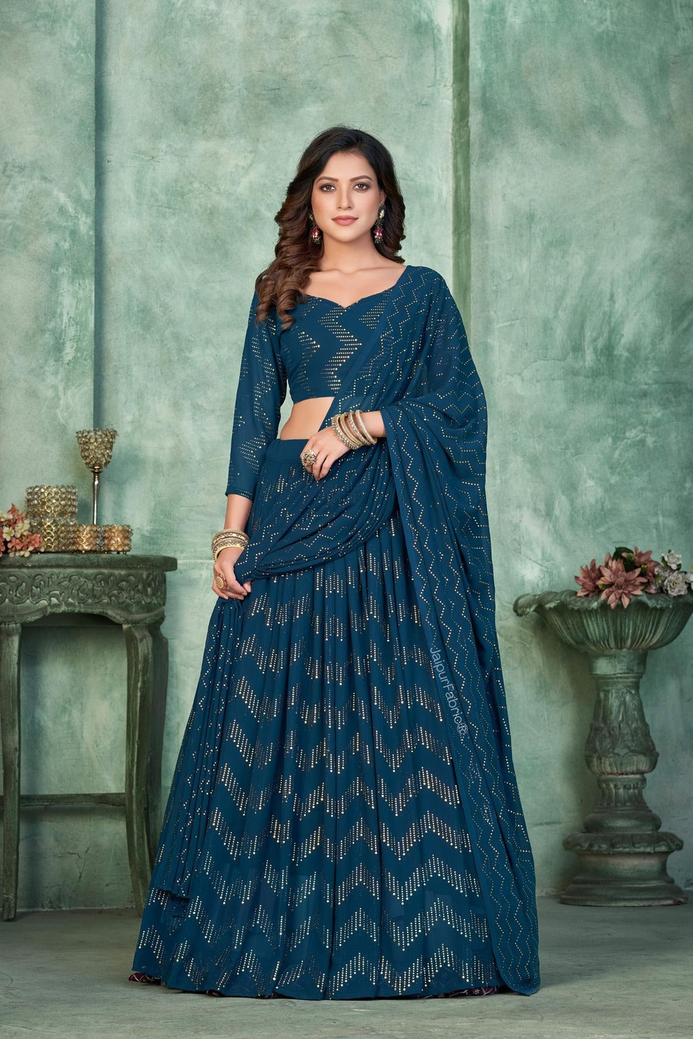 Foil Printed Georgette Lehenga in Navy Blue