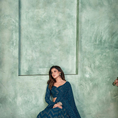 Foil Printed Georgette Lehenga in Navy Blue
