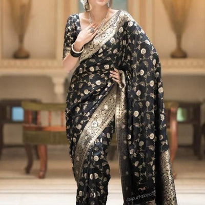 Black Banarasi Silk Saree With Blouse Piece