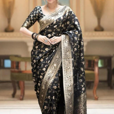 Black Banarasi Silk Saree With Blouse Piece