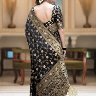 Black Banarasi Silk Saree With Blouse Piece
