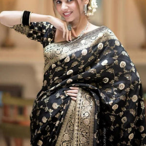 Black Banarasi Silk Saree With Blouse Piece