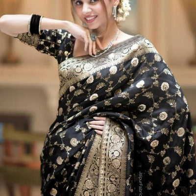 Black Banarasi Silk Saree With Blouse Piece