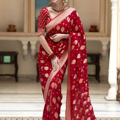 Red Banarasi Silk Saree With Blouse Piece