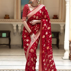 Red Banarasi Silk Saree With Blouse Piece
