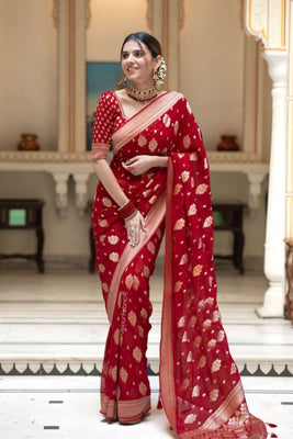 Red Banarasi Silk Saree With Blouse Piece