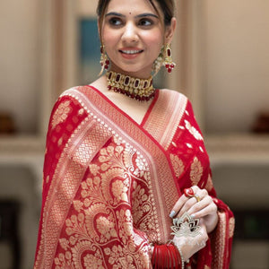 Red Banarasi Silk Saree With Blouse Piece
