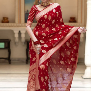 Red Banarasi Silk Saree With Blouse Piece