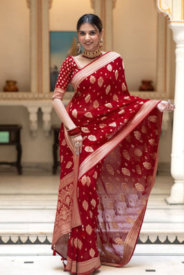 Red Banarasi Silk Saree With Blouse Piece