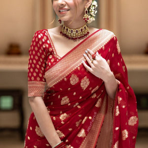 Red Banarasi Silk Saree With Blouse Piece