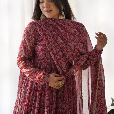 Printed Georgette Tiered Abaya Style Suit in Red