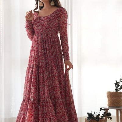 Printed Georgette Tiered Abaya Style Suit in Red