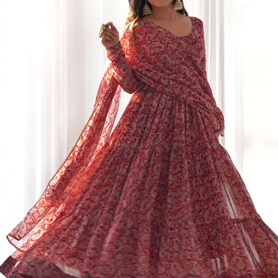 Printed Georgette Tiered Abaya Style Suit in Red