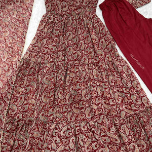 Printed Georgette Tiered Abaya Style Suit in Red