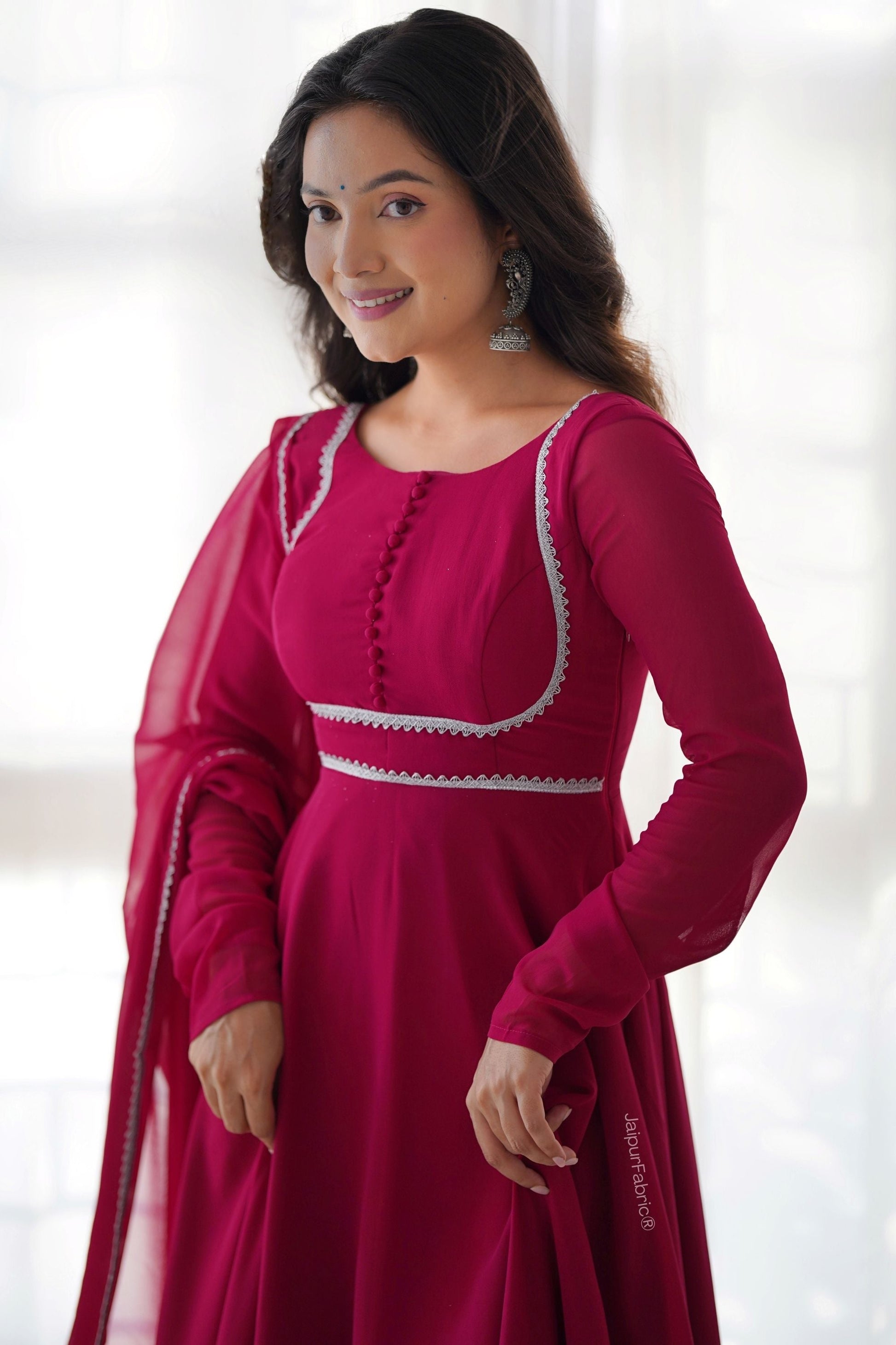 Lace Border Georgette Abaya Style Suit in Fuchsia