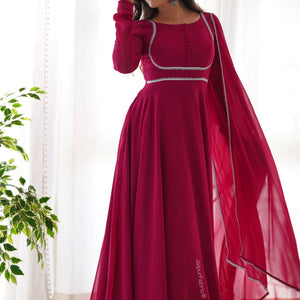 Lace Border Georgette Abaya Style Suit in Fuchsia