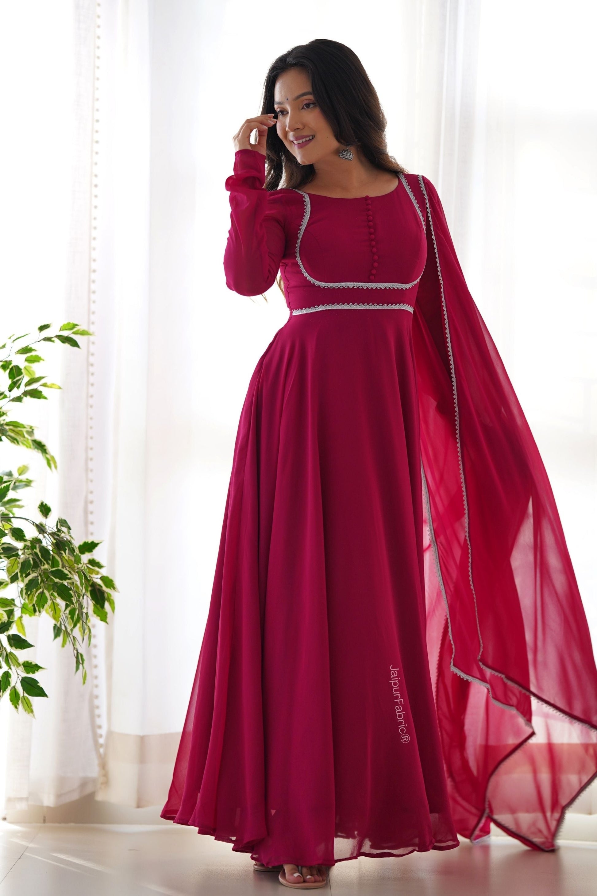Lace Border Georgette Abaya Style Suit in Fuchsia