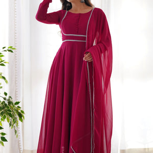 Lace Border Georgette Abaya Style Suit in Fuchsia
