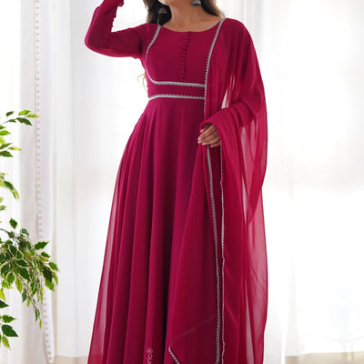 Lace Border Georgette Abaya Style Suit in Fuchsia