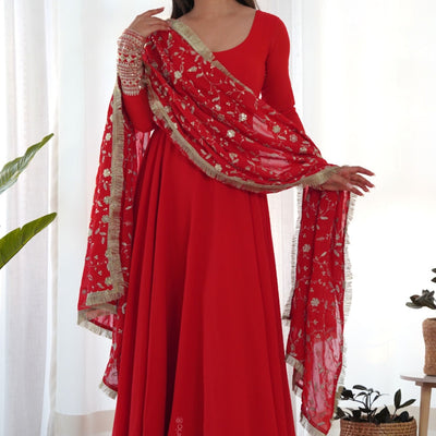 Red Readymade Anarkali Suit In Georgette