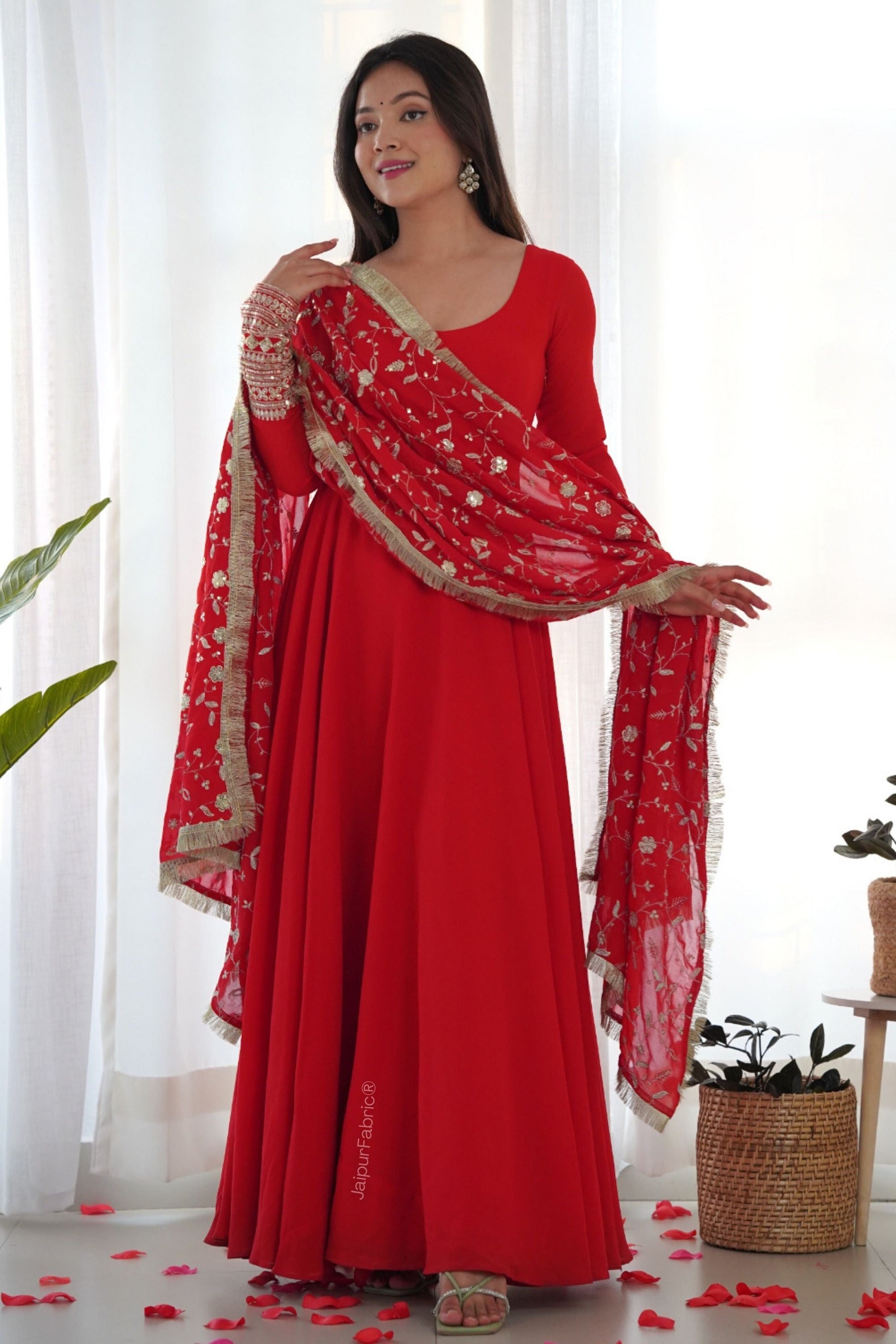Red Readymade Anarkali Suit In Georgette