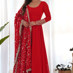 Red Readymade Anarkali Suit In Georgette