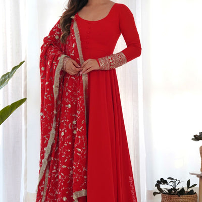 Red Readymade Anarkali Suit In Georgette