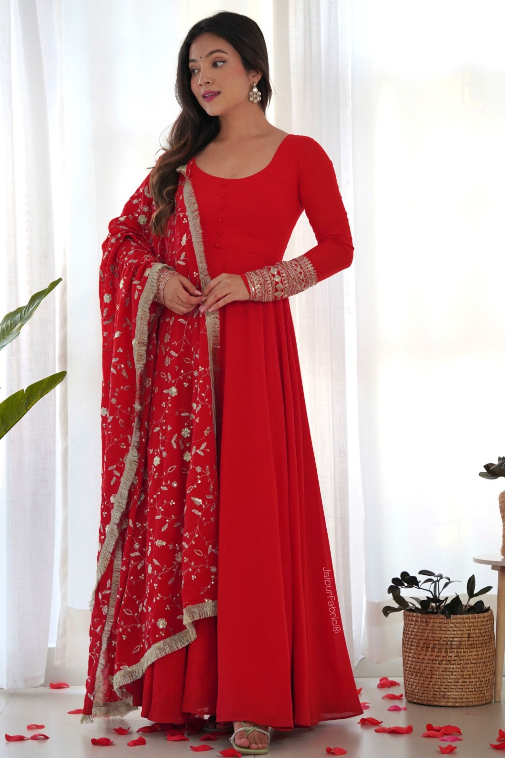 Red Readymade Anarkali Suit In Georgette