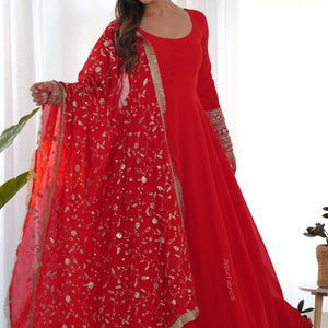 Red Readymade Anarkali Suit In Georgette