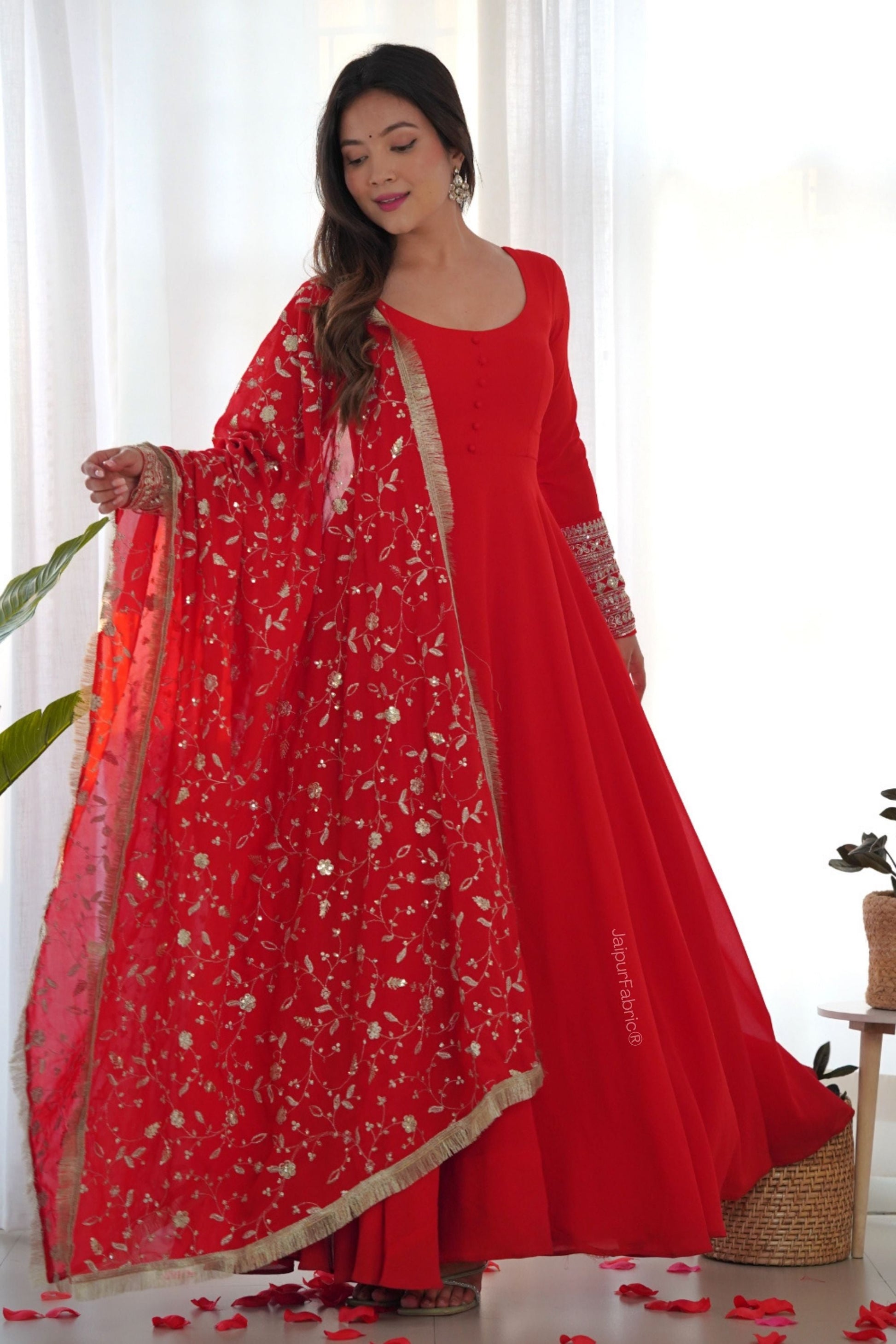 Red Readymade Anarkali Suit In Georgette