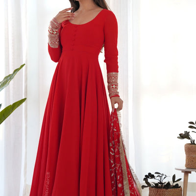Red Readymade Anarkali Suit In Georgette