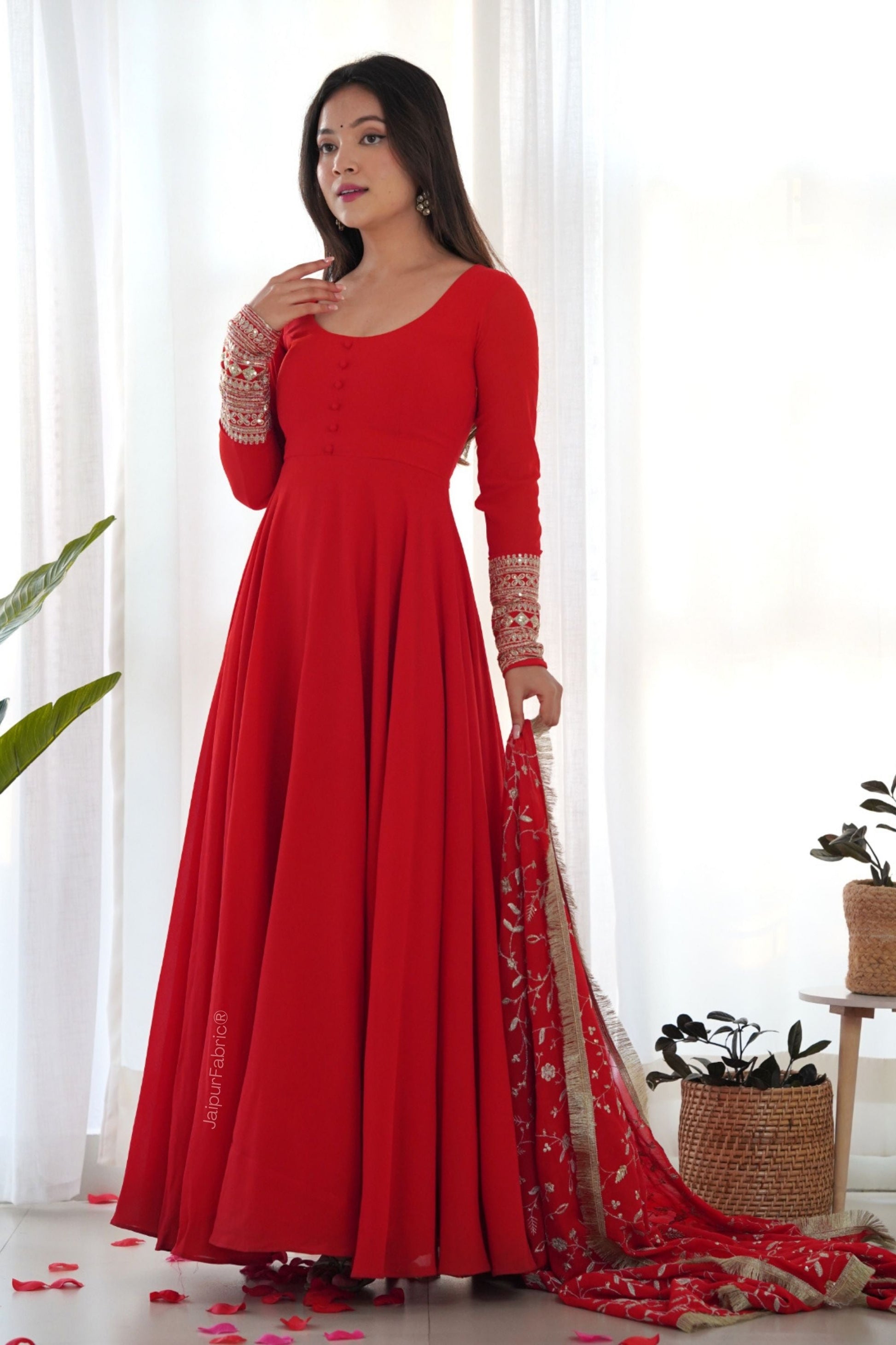 Red Readymade Anarkali Suit In Georgette