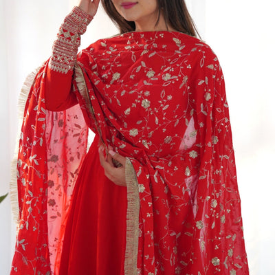 Red Readymade Anarkali Suit In Georgette