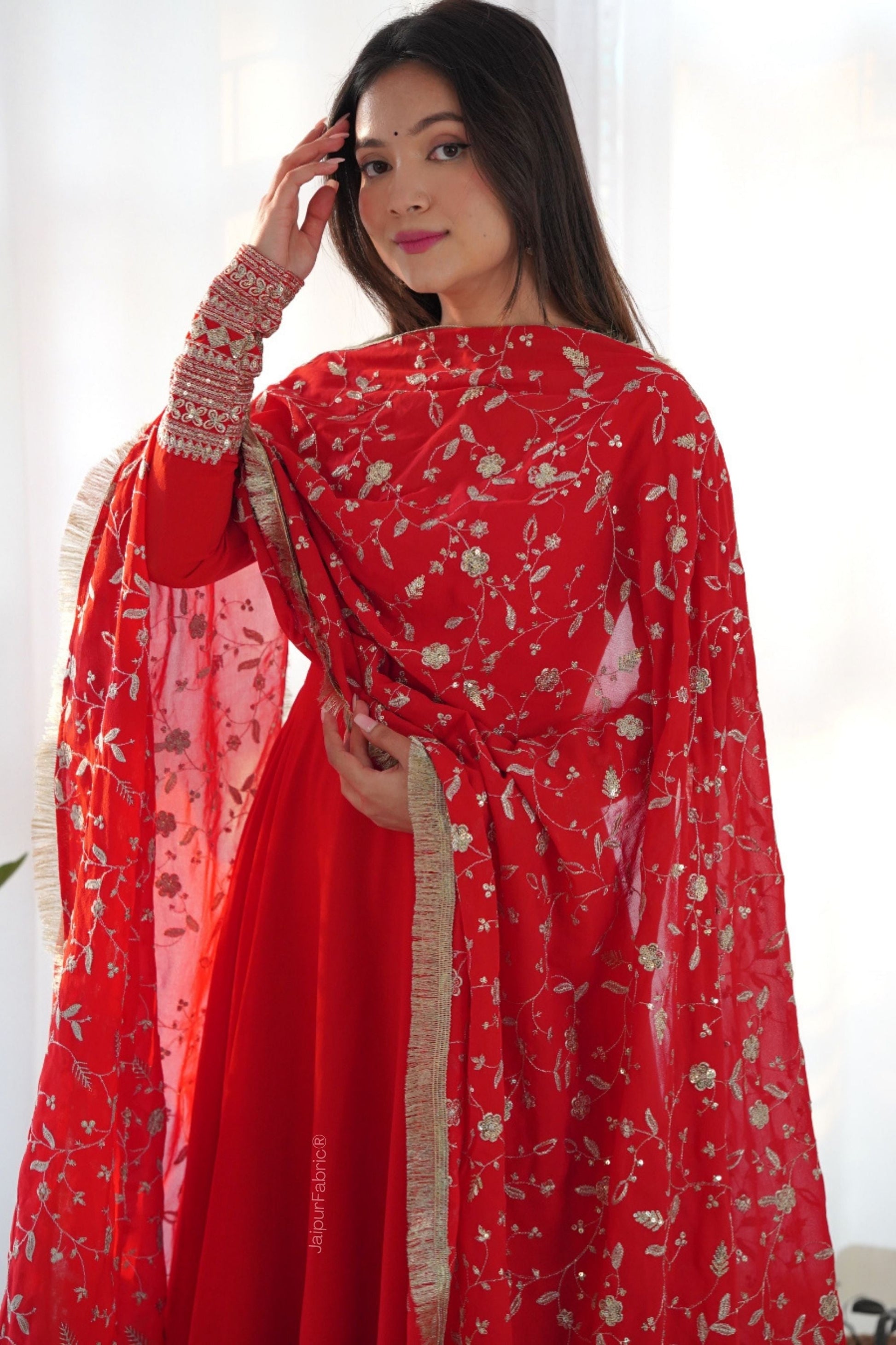 Red Readymade Anarkali Suit In Georgette