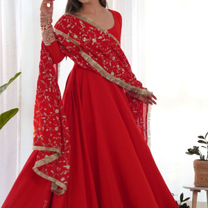 Red Readymade Anarkali Suit In Georgette
