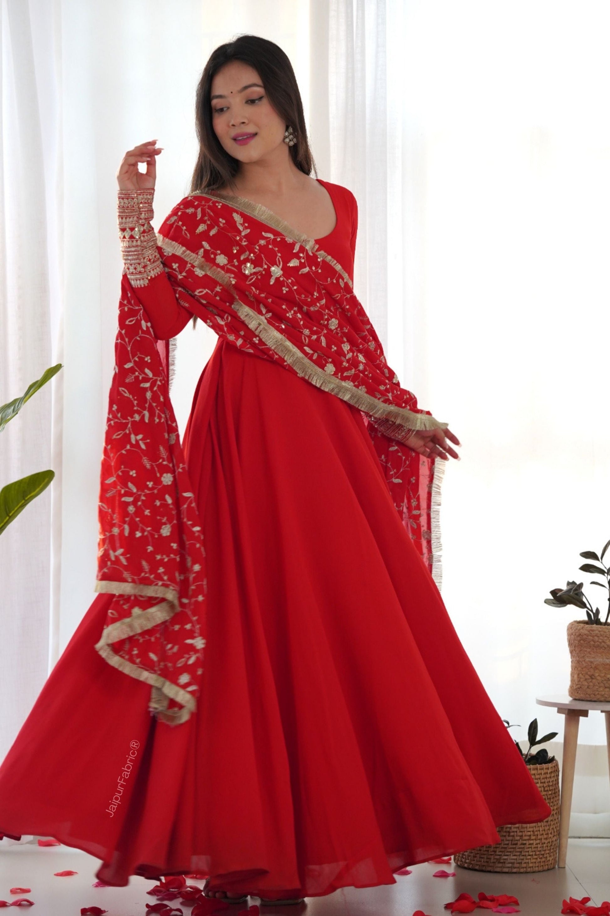 Red Readymade Anarkali Suit In Georgette