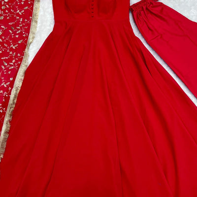 Red Readymade Anarkali Suit In Georgette