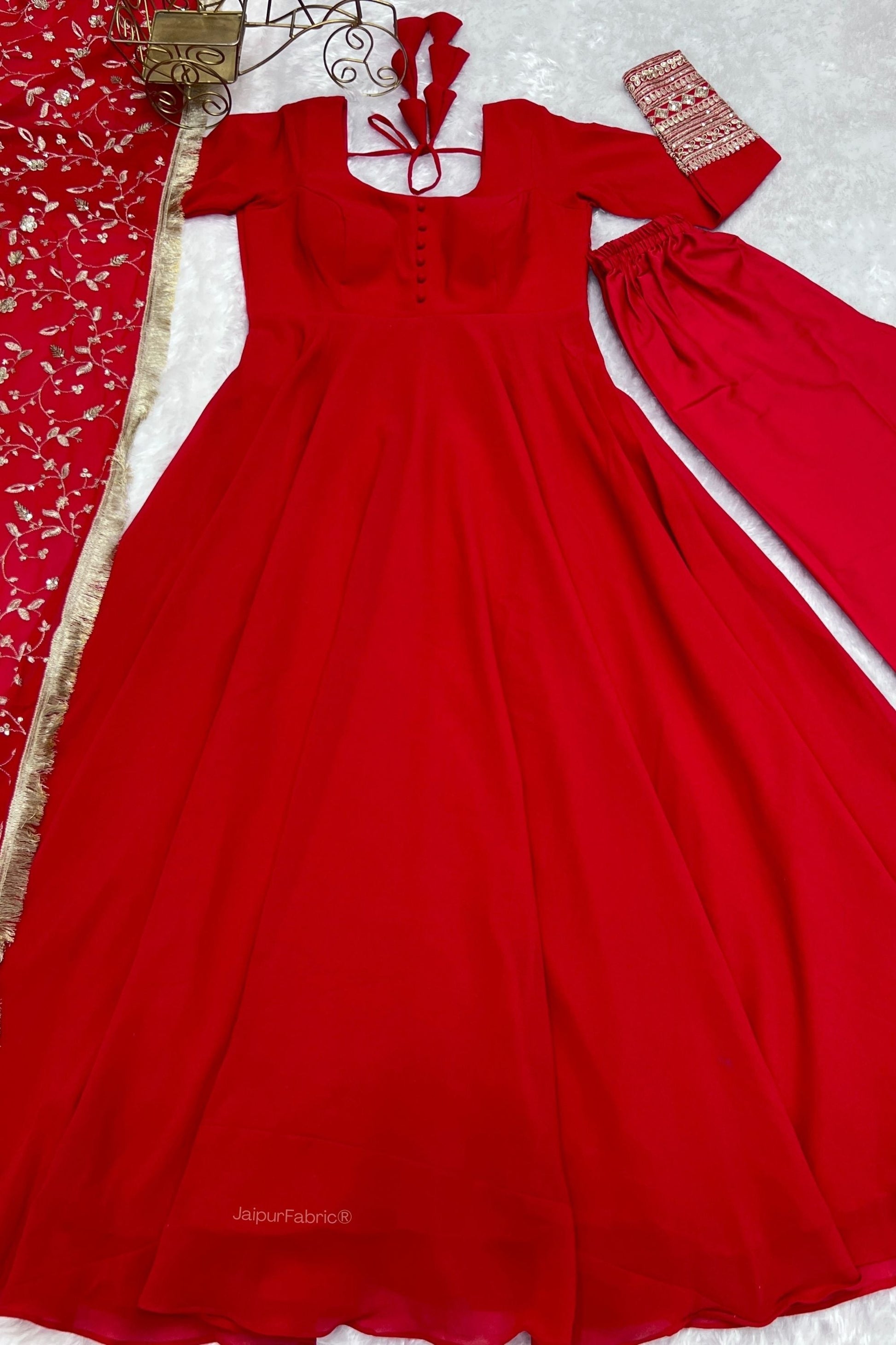 Red Readymade Anarkali Suit In Georgette