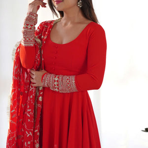 Red Readymade Anarkali Suit In Georgette