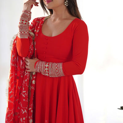 Red Readymade Anarkali Suit In Georgette