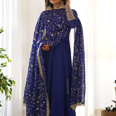 Embroidered Sleeve Georgette Abaya Style Suit in Royal Blue