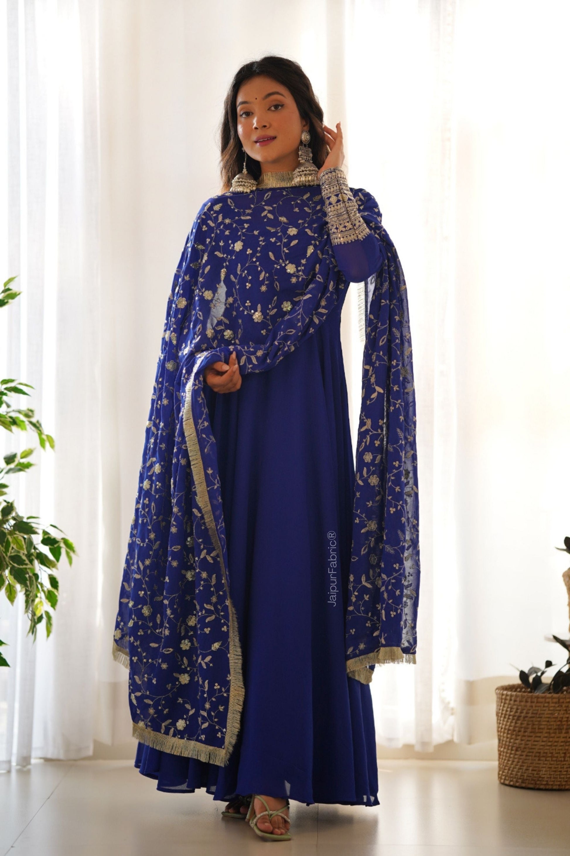 Embroidered Sleeve Georgette Abaya Style Suit in Royal Blue