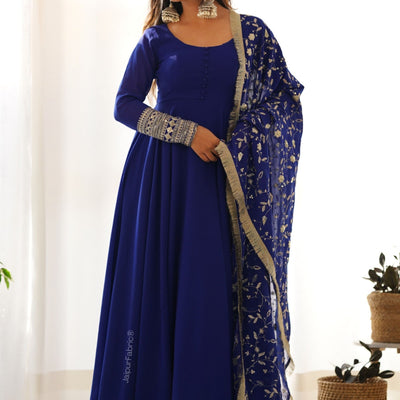 Embroidered Sleeve Georgette Abaya Style Suit in Royal Blue