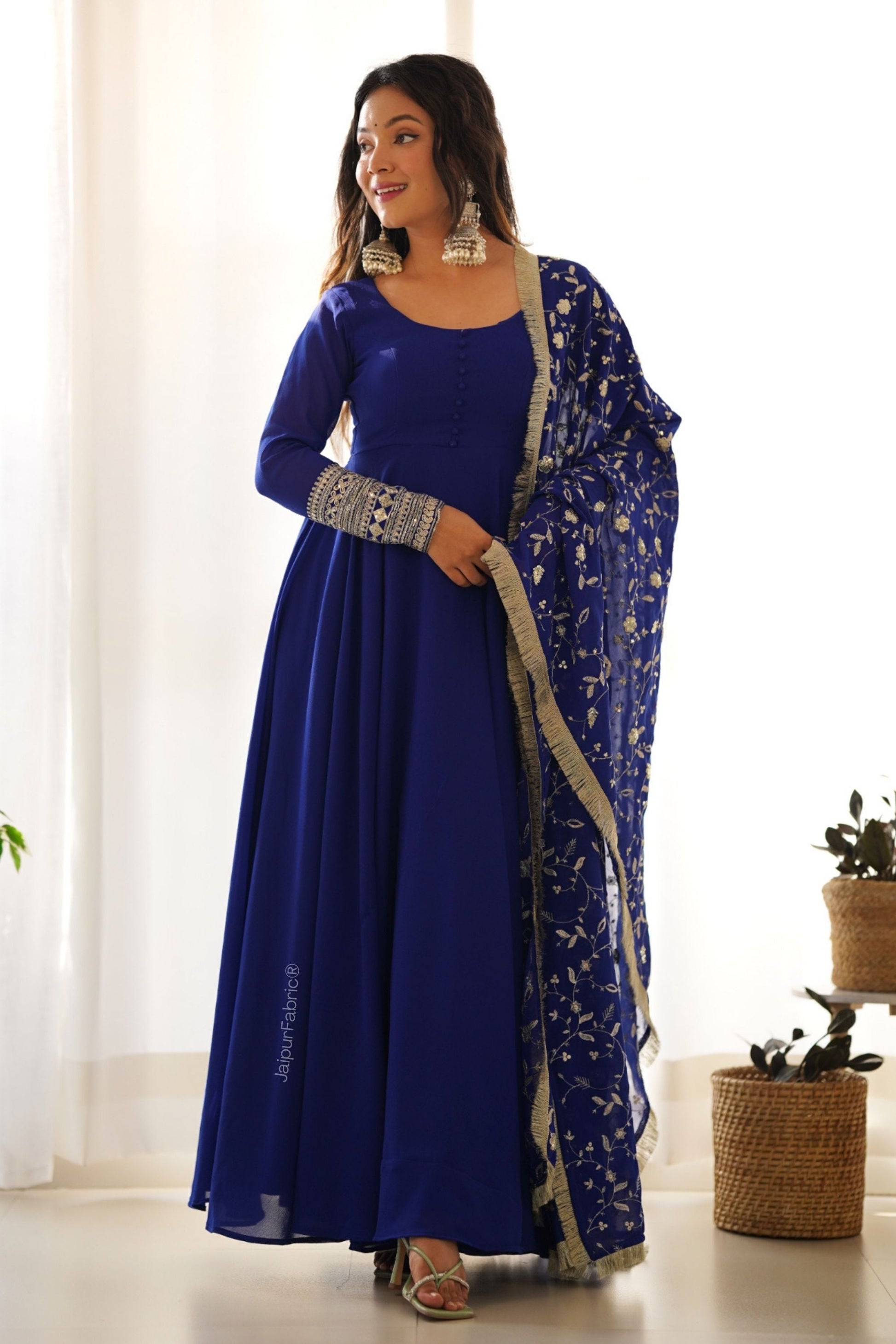 Embroidered Sleeve Georgette Abaya Style Suit in Royal Blue