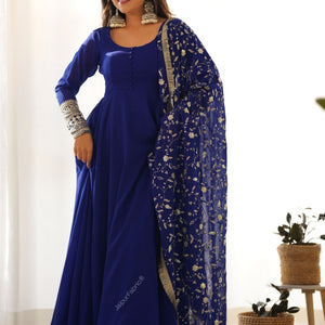 Embroidered Sleeve Georgette Abaya Style Suit in Royal Blue