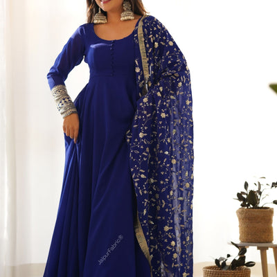 Embroidered Sleeve Georgette Abaya Style Suit in Royal Blue
