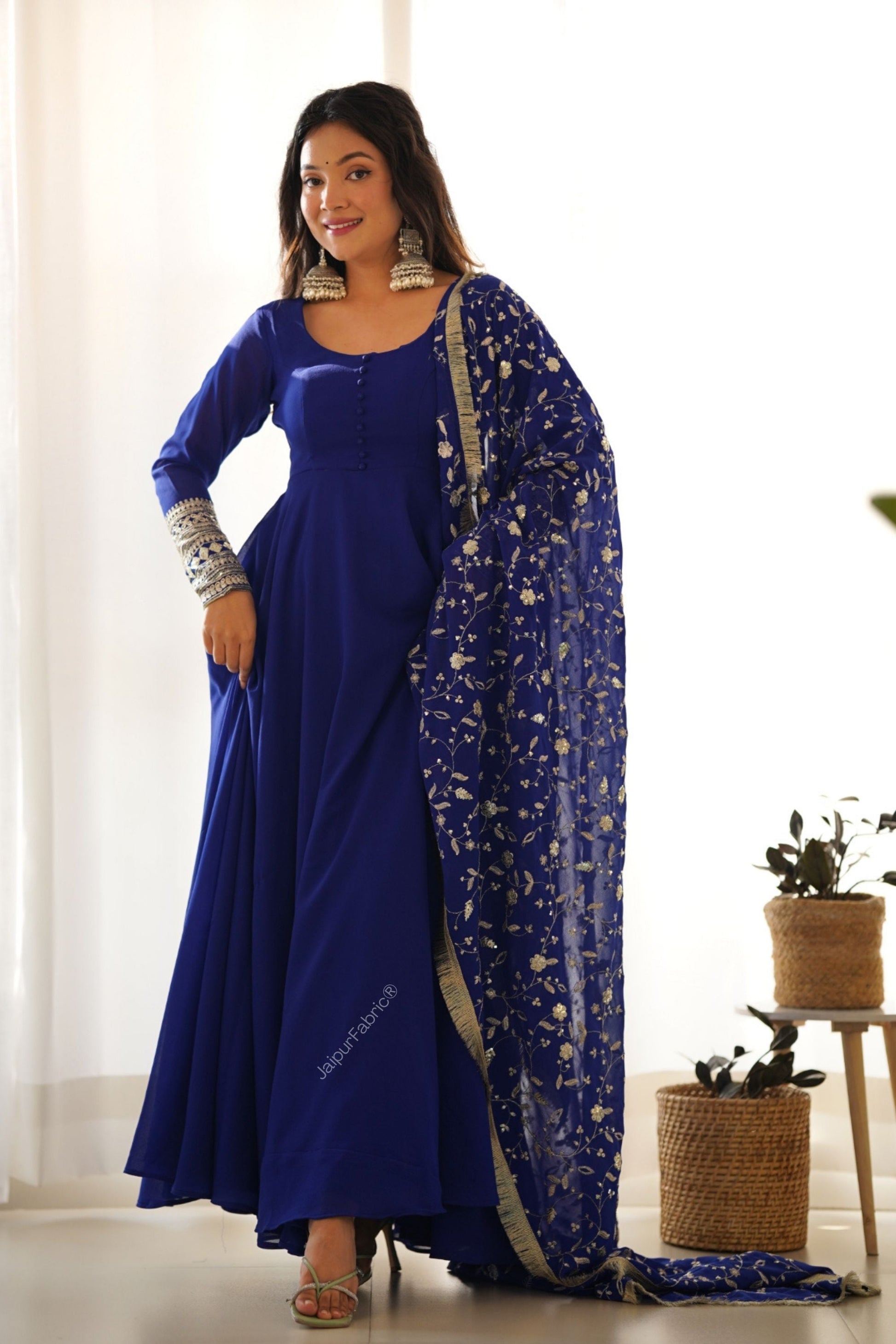 Embroidered Sleeve Georgette Abaya Style Suit in Royal Blue