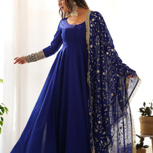 Embroidered Sleeve Georgette Abaya Style Suit in Royal Blue