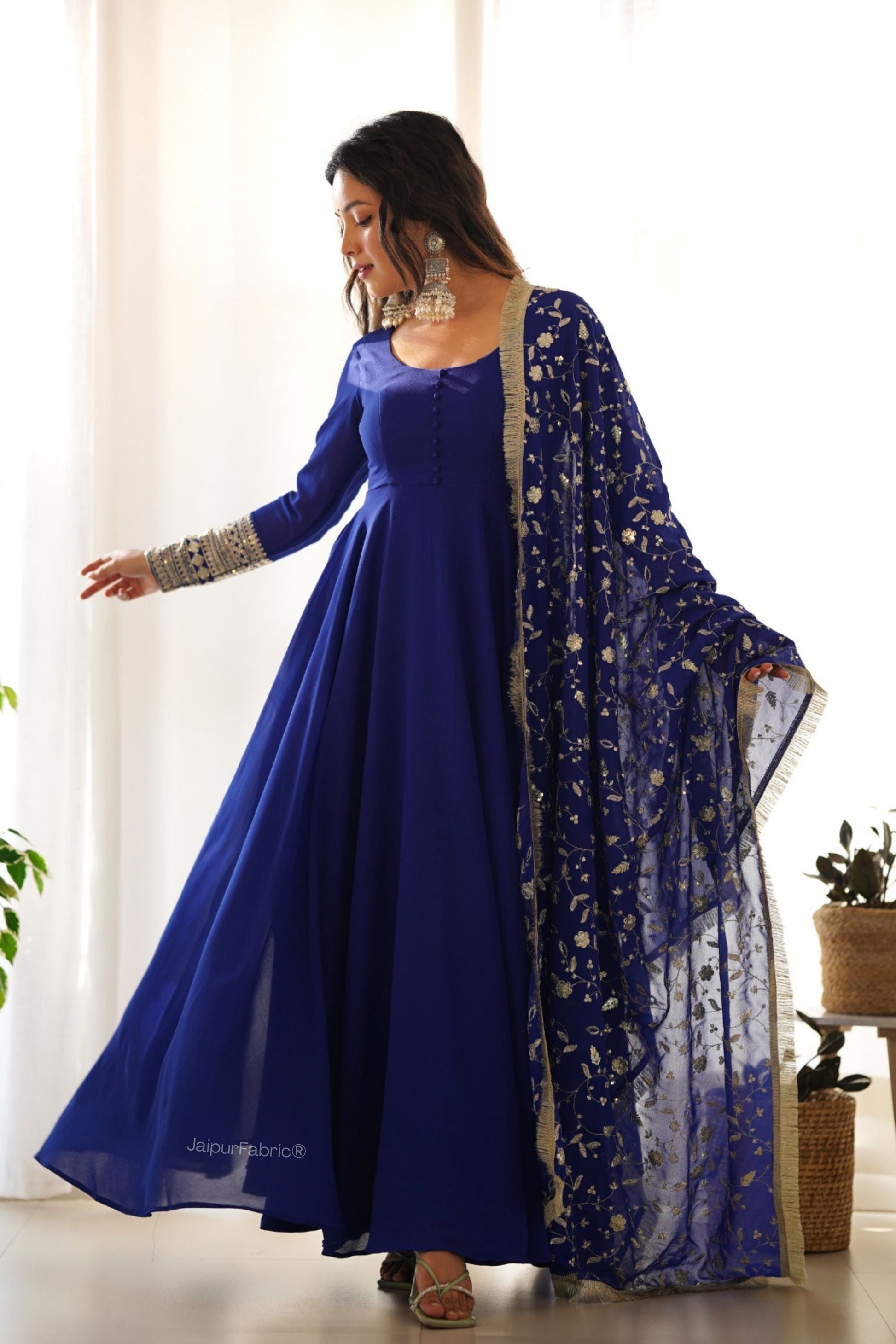 Embroidered Sleeve Georgette Abaya Style Suit in Royal Blue
